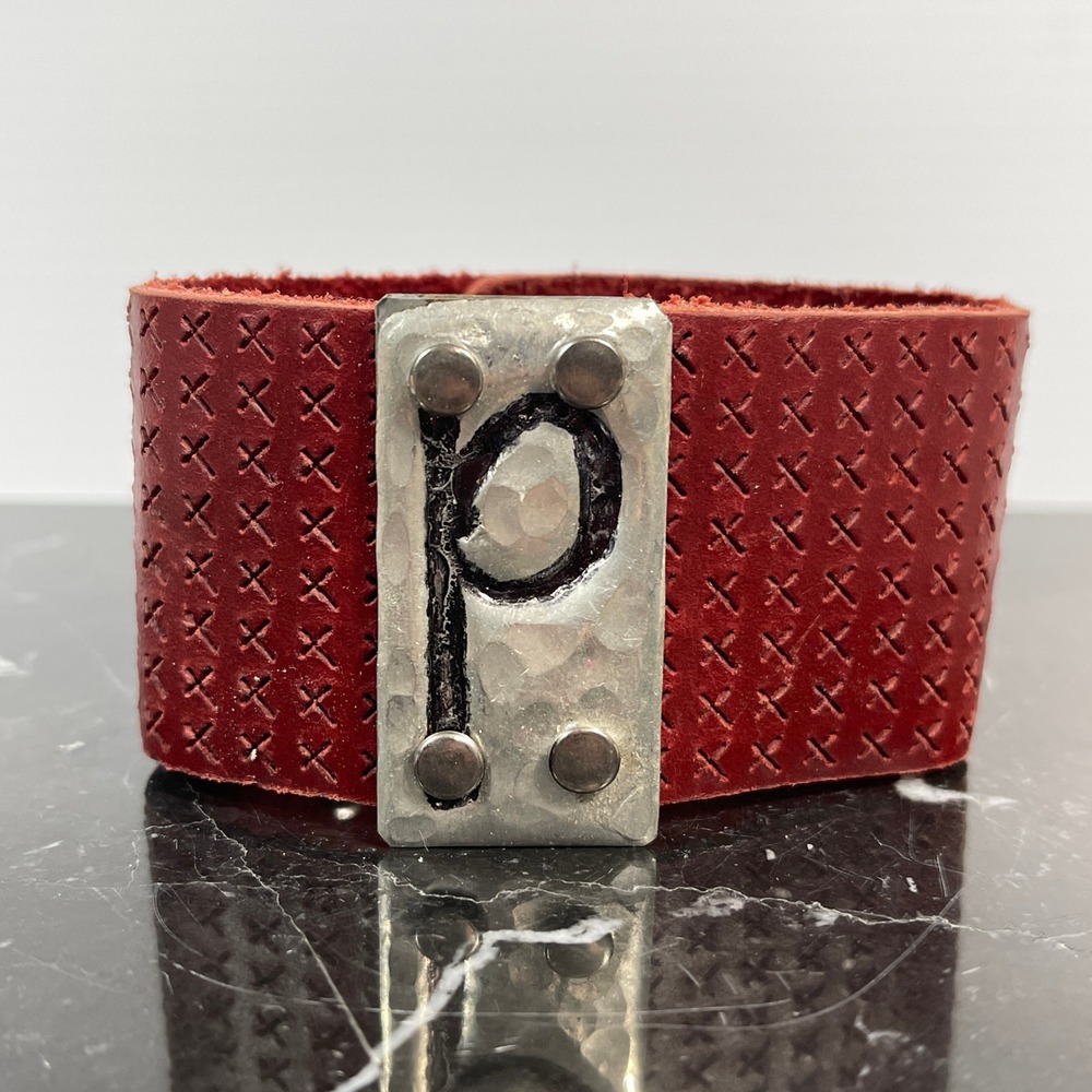 Plunder Red Leather Cuff Bracelet with P‎ Initial Metal Accent Snap Closure